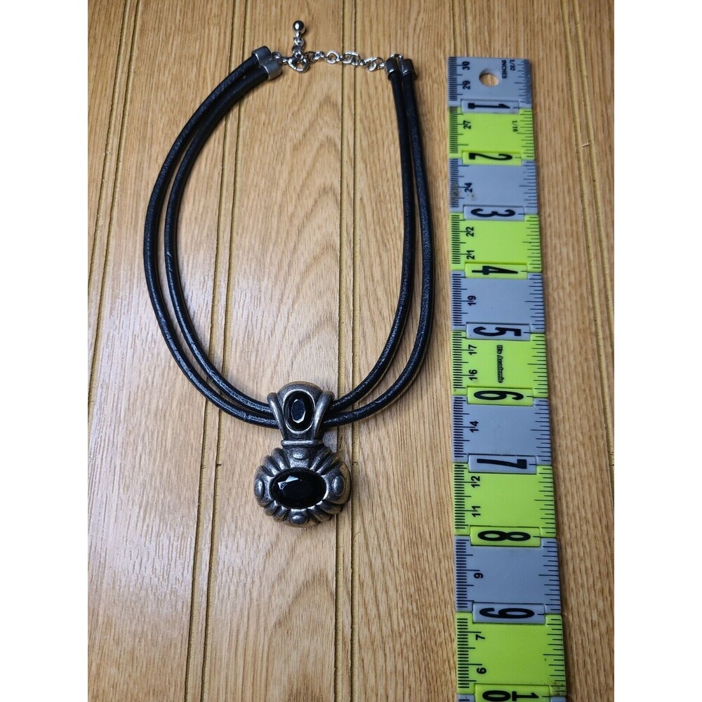 Black Rope Necklace with Faux Black Onyx and Silver Colored Medallion